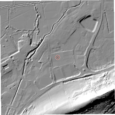Shaded relief map of the ground around BA69NR, computed from Environment Agency LiDAR. The ground here sits at about 7 m above sea level and falls 66 m across the surrounding 800 m. Surface water reaching this point runs off ground lying to the south, 5.5 m higher.