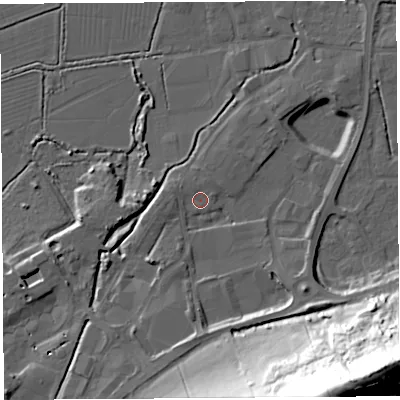 Shaded relief map of the ground around BA69NS, computed from Environment Agency LiDAR. The ground here sits at about 7 m above sea level and falls 66 m across the surrounding 800 m. Surface water reaching this point runs off ground lying to the west-south-west, 1.7 m higher.