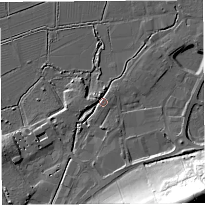 Shaded relief map of the ground around BA69NT, computed from Environment Agency LiDAR. The ground here sits at about 8 m above sea level and falls 66 m across the surrounding 800 m. Surface water reaching this point runs off ground lying to the west-south-west, 5.0 m higher.