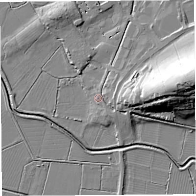 Shaded relief map of the ground around BA69NU, computed from Environment Agency LiDAR. The ground here sits at about 8 m above sea level and falls 42 m across the surrounding 800 m. Surface water reaching this point runs off ground lying to the east, 3.9 m higher.