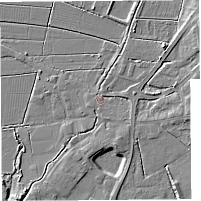 Shaded relief map of the ground around BA69NW, computed from Environment Agency LiDAR. The ground here sits at about 6 m above sea level and falls 7 m across the surrounding 800 m. Surface water reaching this point runs off ground lying to the east-south-east, 2.1 m higher.
