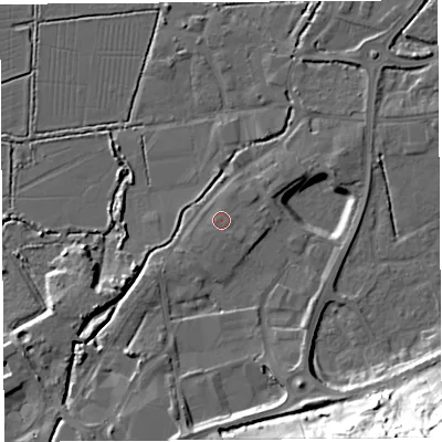 Shaded relief map of the ground around BA69NX, computed from Environment Agency LiDAR. The ground here sits at about 8 m above sea level and falls 43 m across the surrounding 800 m. The ground contributing surface water to this point lies to the south-east.