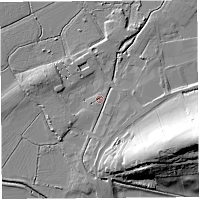 Shaded relief map of the ground around BA69NY, computed from Environment Agency LiDAR. The ground here sits at about 8 m above sea level and falls 49 m across the surrounding 800 m. Surface water reaching this point runs off ground lying to the south-west, 4.3 m higher.