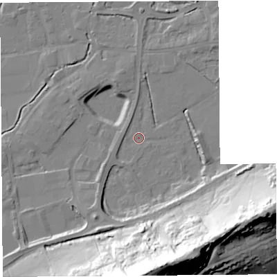 Shaded relief map of the ground around BA69PR, computed from Environment Agency LiDAR. The ground here sits at about 6 m above sea level and falls 65 m across the surrounding 800 m. Surface water reaching this point runs off ground lying to the south, 63.3 m higher.
