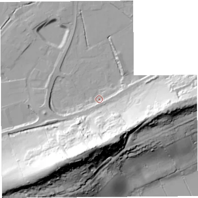 Shaded relief map of the ground around BA69PS, computed from Environment Agency LiDAR. The ground here sits at about 7 m above sea level and falls 66 m across the surrounding 800 m. Surface water reaching this point runs off ground lying to the south, 53.7 m higher.