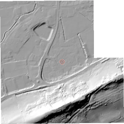 Shaded relief map of the ground around BA69PT, computed from Environment Agency LiDAR. The ground here sits at about 6 m above sea level and falls 66 m across the surrounding 800 m. Surface water reaching this point runs off ground lying to the south, 63.9 m higher.