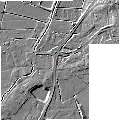 Shaded relief map of the ground around BA69PY, computed from Environment Agency LiDAR. The ground here sits at about 7 m above sea level and falls 17 m across the surrounding 800 m. Surface water reaching this point runs off ground lying to the east-south-east, 3.9 m higher.