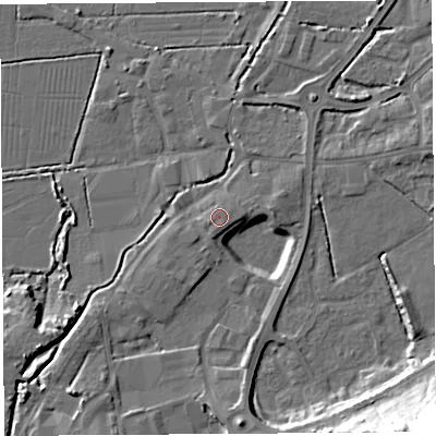 Shaded relief map of the ground around BA69QA, computed from Environment Agency LiDAR. The ground here sits at about 7 m above sea level and falls 30 m across the surrounding 800 m. Surface water reaching this point runs off ground lying to the south-south-east, 1.0 m higher.