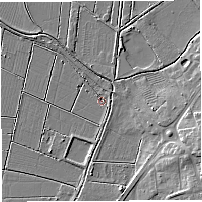 Shaded relief map of the ground around BA69QS, computed from Environment Agency LiDAR. The ground here sits at about 4 m above sea level and falls 13 m across the surrounding 800 m. Surface water reaching this point runs off ground lying to the north-east, 2.8 m higher.
