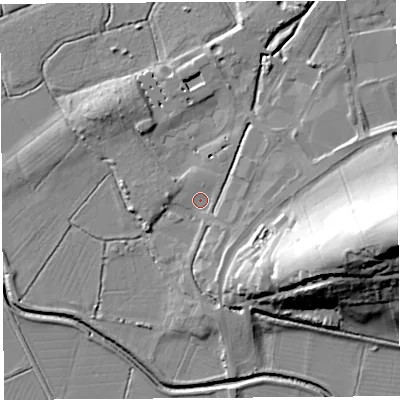 Shaded relief map of the ground around BA69QT, computed from Environment Agency LiDAR. The ground here sits at about 8 m above sea level and falls 43 m across the surrounding 800 m. Surface water reaching this point runs off ground lying to the east, 39.9 m higher.