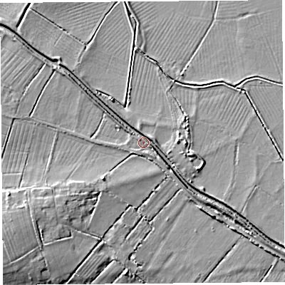 Shaded relief map of the ground around BA69SJ, computed from Environment Agency LiDAR. The ground here sits at about 5 m above sea level and falls 8 m across the surrounding 800 m. Surface water reaching this point runs off ground lying to the south-east, 3.1 m higher.