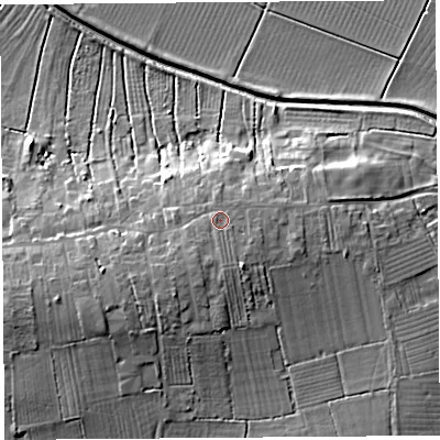 Shaded relief map of the ground around BA69SP, computed from Environment Agency LiDAR. The ground here sits at about 13 m above sea level and falls 13 m across the surrounding 800 m. Surface water reaching this point runs off ground lying to the south-south-west, 0.8 m higher.