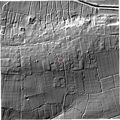 Shaded relief map of the ground around BA69ST, computed from Environment Agency LiDAR. The ground here sits at about 14 m above sea level and falls 13 m across the surrounding 800 m. Surface water reaching this point runs off ground lying to the north-north-west, 0.6 m higher.