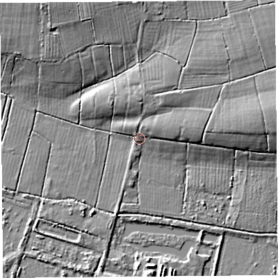 Shaded relief map of the ground around BA69SU, computed from Environment Agency LiDAR. The ground here sits at about 4 m above sea level and falls 10 m across the surrounding 800 m. Surface water reaching this point runs off ground lying to the east-north-east, 7.0 m higher.