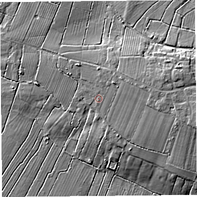Shaded relief map of the ground around BA69TJ, computed from Environment Agency LiDAR. The ground here sits at about 9 m above sea level and falls 11 m across the surrounding 800 m. Surface water reaching this point runs off ground lying to the north-east, 2.4 m higher.