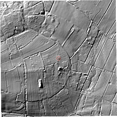 Shaded relief map of the ground around BA69TP, computed from Environment Agency LiDAR. The ground here sits at about 9 m above sea level and falls 14 m across the surrounding 800 m. Surface water reaching this point runs off ground lying to the south-west, 3.3 m higher.