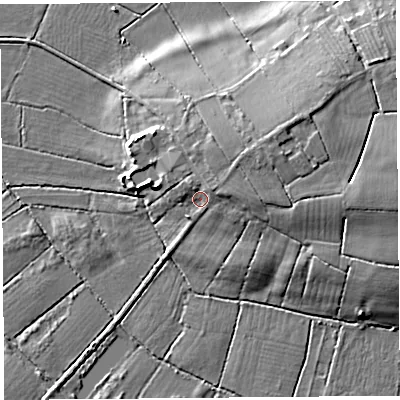 Shaded relief map of the ground around BA69TT, computed from Environment Agency LiDAR. The ground here sits at about 6 m above sea level and falls 10 m across the surrounding 800 m. Surface water reaching this point runs off ground lying to the east-north-east, 4.2 m higher.
