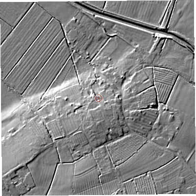 Shaded relief map of the ground around BA69TU, computed from Environment Agency LiDAR. The ground here sits at about 8 m above sea level and falls 11 m across the surrounding 800 m. Surface water reaching this point runs off ground lying to the south-south-west, 4.2 m higher.