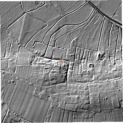Shaded relief map of the ground around BA69TY, computed from Environment Agency LiDAR. The ground here sits at about 7 m above sea level and falls 13 m across the surrounding 800 m. Surface water reaching this point runs off ground lying to the south-south-east, 8.3 m higher.