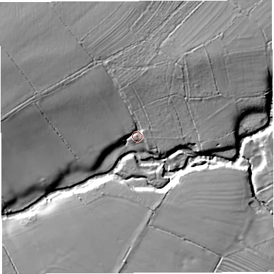 Shaded relief map of the ground around BA77FS, computed from Environment Agency LiDAR. The ground here sits at about 30 m above sea level and falls 16 m across the surrounding 800 m. Surface water reaching this point runs off ground lying to the north-west, 11.8 m higher.