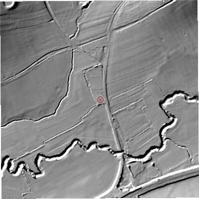 Shaded relief map of the ground around BA77PF, computed from Environment Agency LiDAR. The ground here sits at about 41 m above sea level and falls 22 m across the surrounding 800 m. Surface water reaching this point runs off ground lying to the north-north-west, 1.3 m higher.