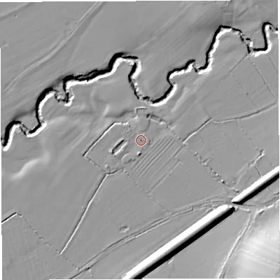 Shaded relief map of the ground around BA77PJ, computed from Environment Agency LiDAR. The ground here sits at about 35 m above sea level and falls 27 m across the surrounding 800 m. Surface water reaching this point runs off ground lying to the south, 1.5 m higher.