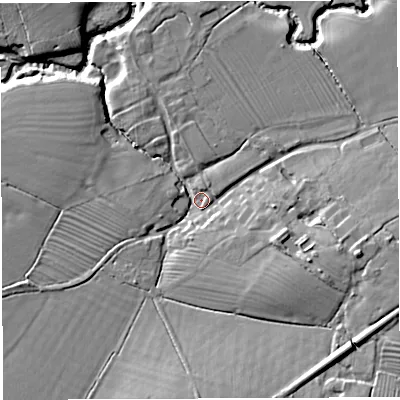 Shaded relief map of the ground around BA77PN, computed from Environment Agency LiDAR. The ground here sits at about 29 m above sea level and falls 13 m across the surrounding 800 m. Surface water reaching this point runs off ground lying to the east-south-east, 10.3 m higher.