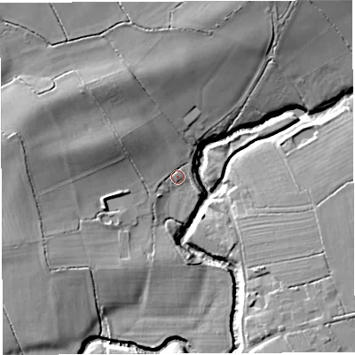 Shaded relief map of the ground around BA77PS, computed from Environment Agency LiDAR. The ground here sits at about 27 m above sea level and falls 19 m across the surrounding 800 m. Surface water reaching this point runs off ground lying to the north-west, 7.7 m higher.