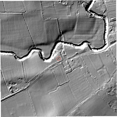Shaded relief map of the ground around BA77PT, computed from Environment Agency LiDAR. The ground here sits at about 26 m above sea level and falls 13 m across the surrounding 800 m. Surface water reaching this point runs off ground lying to the south-south-west, 1.5 m higher.