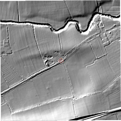 Shaded relief map of the ground around BA77PU, computed from Environment Agency LiDAR. The ground here sits at about 24 m above sea level and falls 18 m across the surrounding 800 m. Surface water reaching this point runs off ground lying to the north-east, 4.9 m higher.