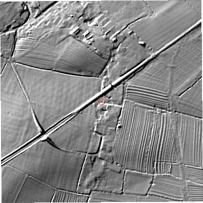 Shaded relief map of the ground around BA77PW, computed from Environment Agency LiDAR. The ground here sits at about 34 m above sea level and falls 12 m across the surrounding 800 m. Surface water reaching this point runs off ground lying to the south-west, 6.3 m higher.