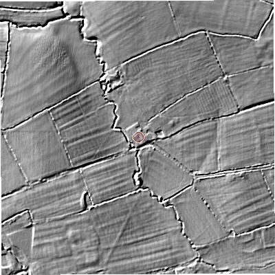 Shaded relief map of the ground around BA80AW, computed from Environment Agency LiDAR. The ground here sits at about 71 m above sea level and falls 10 m across the surrounding 800 m. Surface water reaching this point runs off ground lying to the north-north-east, 5.0 m higher.
