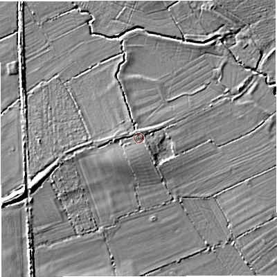 Shaded relief map of the ground around BA80EJ, computed from Environment Agency LiDAR. The ground here sits at about 65 m above sea level and falls 11 m across the surrounding 800 m. Surface water reaching this point runs off ground lying to the west-south-west, 6.7 m higher.