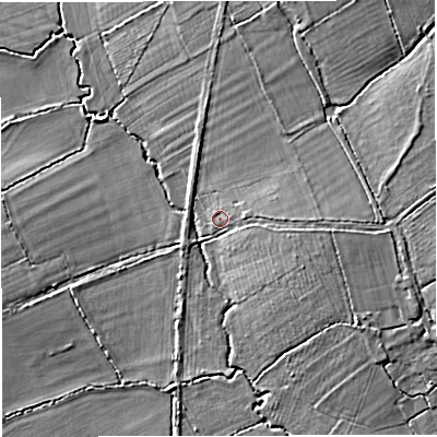 Shaded relief map of the ground around BA80ER, computed from Environment Agency LiDAR. The ground here sits at about 65 m above sea level and falls 6 m across the surrounding 800 m. Surface water reaching this point runs off ground lying to the east, 2.1 m higher.