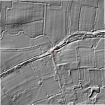 Shaded relief map of the ground around BA80TE, computed from Environment Agency LiDAR. The ground here sits at about 55 m above sea level and falls 5 m across the surrounding 800 m. Surface water reaching this point runs off ground lying to the north-north-east, 1.2 m higher.