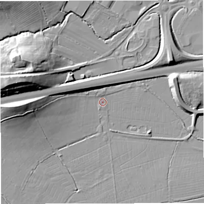Shaded relief map of the ground around BA98AB, computed from Environment Agency LiDAR. The ground here sits at about 73 m above sea level and falls 31 m across the surrounding 800 m. Surface water reaching this point runs off ground lying to the west, 20.3 m higher.