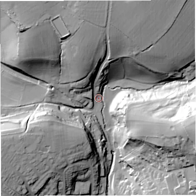 Shaded relief map of the ground around BA98BG, computed from Environment Agency LiDAR. The ground here sits at about 79 m above sea level and falls 53 m across the surrounding 800 m. Surface water reaching this point runs off ground lying to the east-south-east, 49.5 m higher.