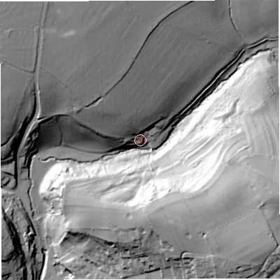 Shaded relief map of the ground around BA98BQ, computed from Environment Agency LiDAR. The ground here sits at about 84 m above sea level and falls 67 m across the surrounding 800 m. Surface water reaching this point runs off ground lying to the south-south-east, 40.8 m higher.