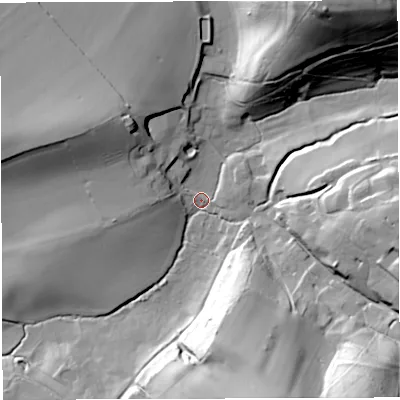 Shaded relief map of the ground around BA98DG, computed from Environment Agency LiDAR. The ground here sits at about 79 m above sea level and falls 57 m across the surrounding 800 m. Surface water reaching this point runs off ground lying to the north-north-east, 51.7 m higher.