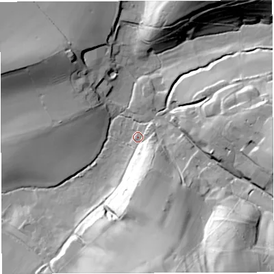 Shaded relief map of the ground around BA98DN, computed from Environment Agency LiDAR. The ground here sits at about 81 m above sea level and falls 52 m across the surrounding 800 m. Surface water reaching this point runs off ground lying to the south-south-east, 19.1 m higher.
