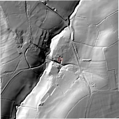 Shaded relief map of the ground around BA98HY, computed from Environment Agency LiDAR. The ground here sits at about 113 m above sea level and falls 39 m across the surrounding 800 m. Surface water reaching this point runs off ground lying to the north-north-east, 9.4 m higher.
