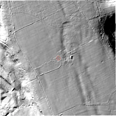 Shaded relief map of the ground around BA98LN, computed from Environment Agency LiDAR. The ground here sits at about 221 m above sea level and falls 70 m across the surrounding 800 m. Surface water reaching this point runs off ground lying to the north-west, 7.8 m higher.