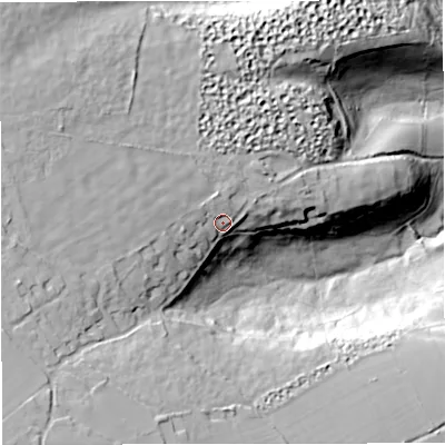 Shaded relief map of the ground around BA98NF, computed from Environment Agency LiDAR. The ground here sits at about 161 m above sea level and falls 73 m across the surrounding 800 m. Surface water reaching this point runs off ground lying to the west-north-west, 8.9 m higher.