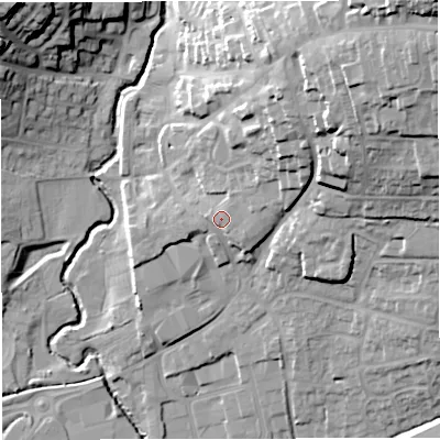 Shaded relief map of the ground around BA99AD, computed from Environment Agency LiDAR. The ground here sits at about 80 m above sea level and falls 45 m across the surrounding 800 m. Surface water reaching this point runs off ground lying to the east-north-east, 2.0 m higher.