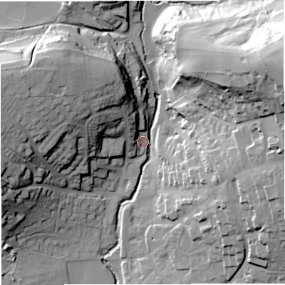 Shaded relief map of the ground around BA99AH, computed from Environment Agency LiDAR. The ground here sits at about 77 m above sea level and falls 56 m across the surrounding 800 m. Surface water reaching this point runs off ground lying to the east-north-east, 54.1 m higher.