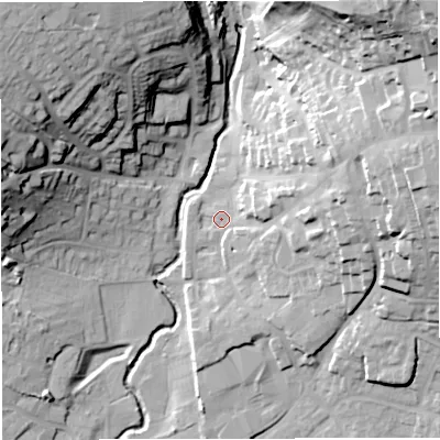 Shaded relief map of the ground around BA99AN, computed from Environment Agency LiDAR. The ground here sits at about 76 m above sea level and falls 56 m across the surrounding 800 m. Surface water reaching this point runs off ground lying to the north-east, 44.7 m higher.