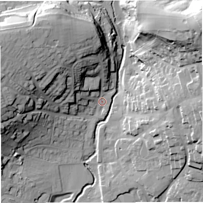Shaded relief map of the ground around BA99AQ, computed from Environment Agency LiDAR. The ground here sits at about 76 m above sea level and falls 55 m across the surrounding 800 m. Surface water reaching this point runs off ground lying to the north-west, 19.5 m higher.