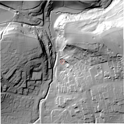 Shaded relief map of the ground around BA99AZ, computed from Environment Agency LiDAR. The ground here sits at about 77 m above sea level and falls 59 m across the surrounding 800 m. Surface water reaching this point runs off ground lying to the east-north-east, 52.8 m higher.