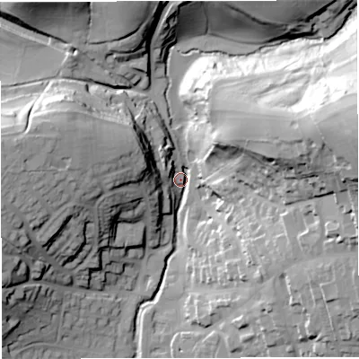 Shaded relief map of the ground around BA99BA, computed from Environment Agency LiDAR. The ground here sits at about 77 m above sea level and falls 57 m across the surrounding 800 m. Surface water reaching this point runs off ground lying to the east-north-east, 54.6 m higher.