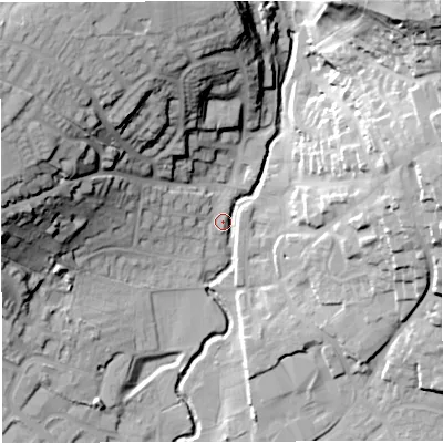 Shaded relief map of the ground around BA99BG, computed from Environment Agency LiDAR. The ground here sits at about 75 m above sea level and falls 50 m across the surrounding 800 m. Surface water reaching this point runs off ground lying to the north-east, 48.7 m higher.